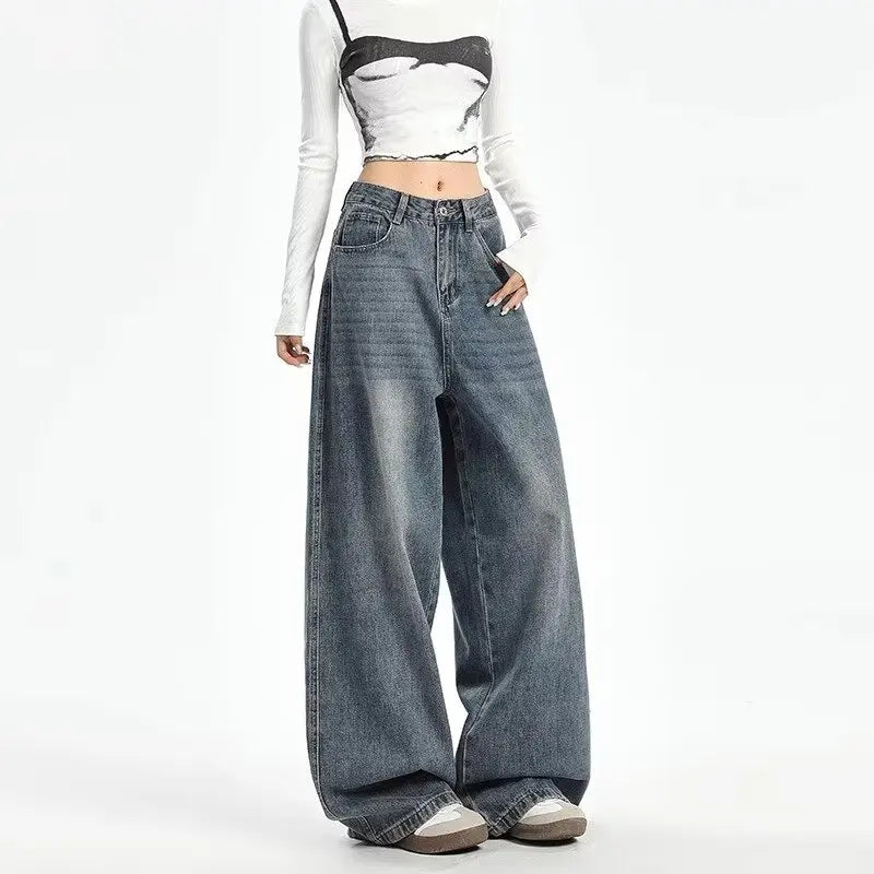 90's Retro Washed Wide-Leg Low-Rise Jeans – Distressed Denim jeans