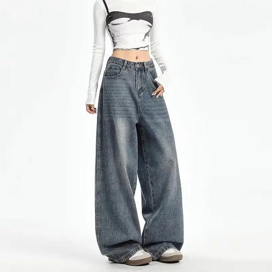 90's Retro Washed Wide-Leg Low-Rise Jeans – Distressed Denim jeans