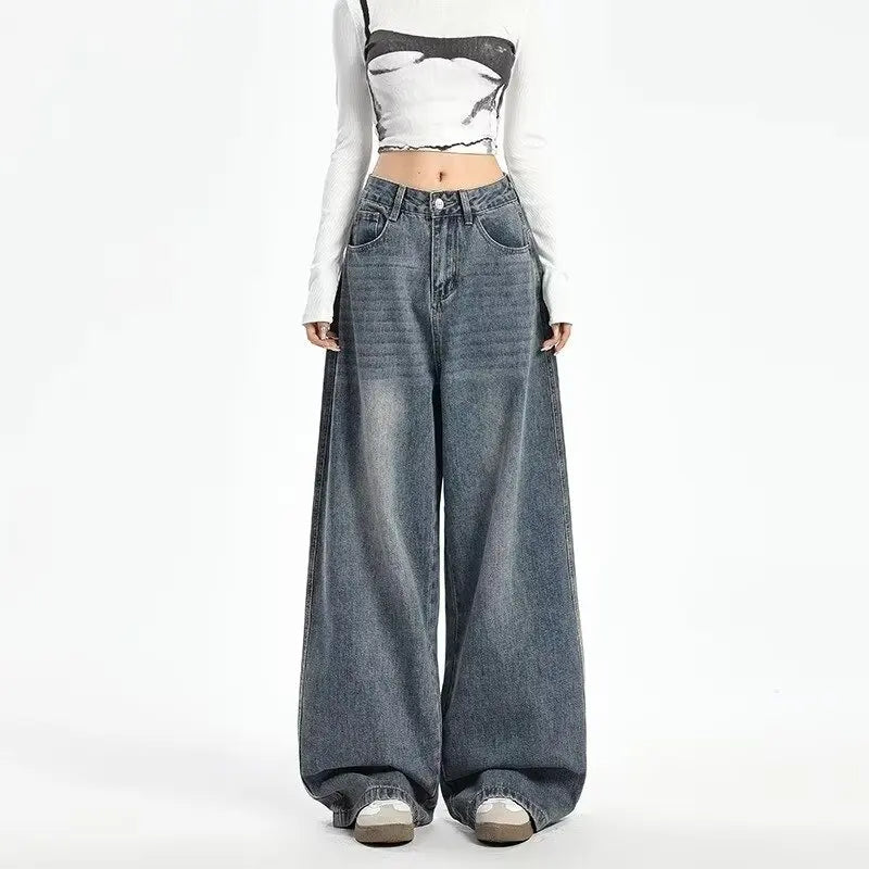 90's Retro Washed Wide-Leg Low-Rise Jeans – Distressed Denim jeans