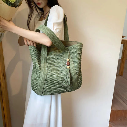 Summer Straw Women Bag Hand-Woven Handbags Handmade Raffia Beach Boho Shoulder Bag Large Tote Bag Tassel Shopping Purses