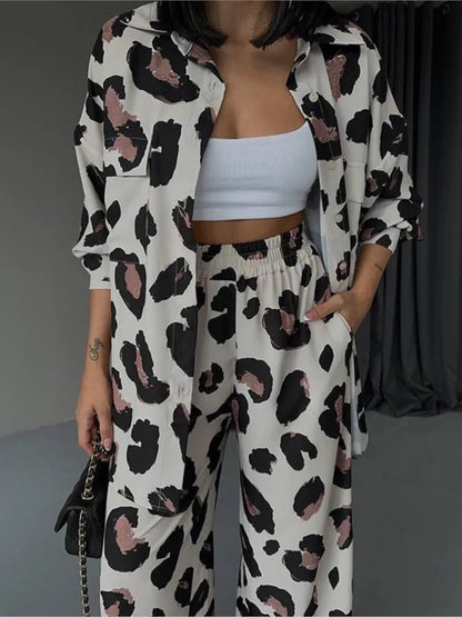 Leopard Print Women's Two Piece Sets Elegant Casual Button Streetwear Long Sleeve Shirt And Wide Leg Pants 2 Piece Sets