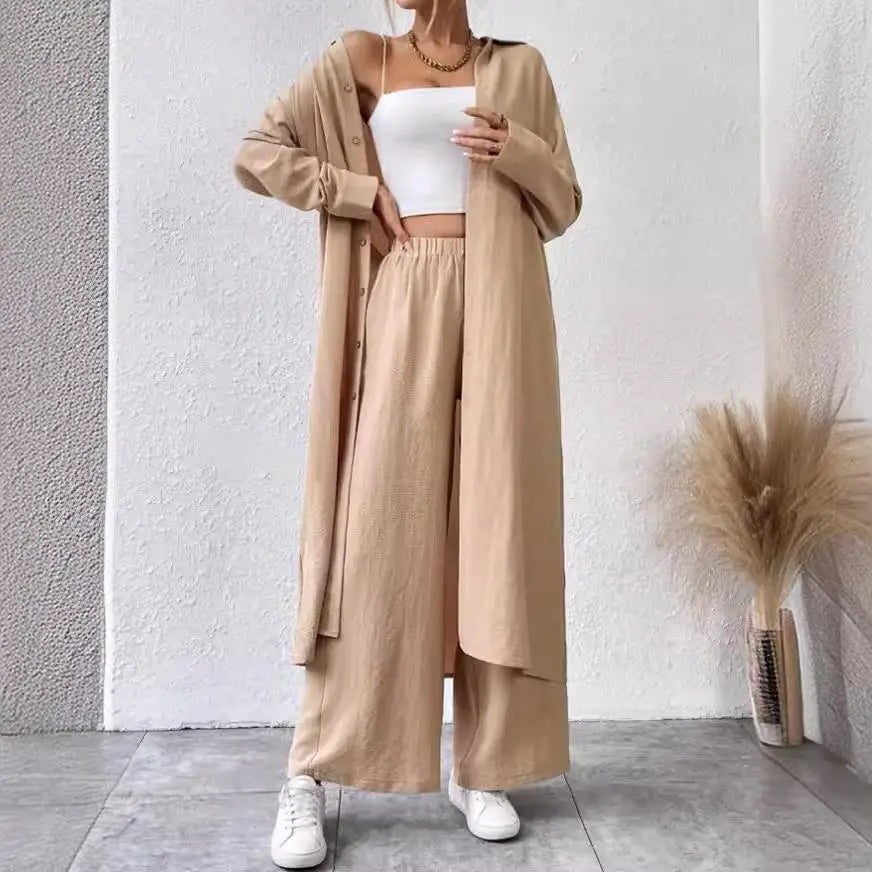 Two Piece Sets Women Solid Long Cardigan Full Sleeve Shirts Button Wide Leg Pants Suits Solid Loose Casual Lady Spring