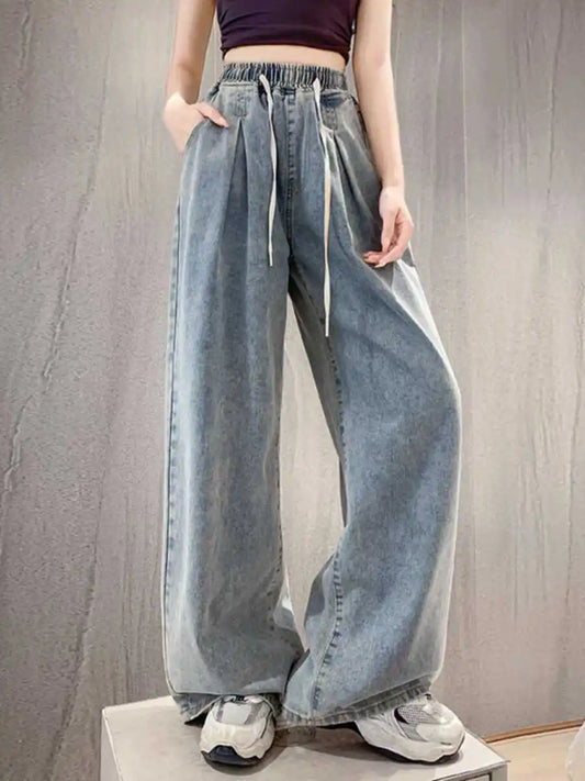 High Waist Straight Leg Elastic Waist Drawstring