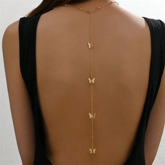 Butterfly Back Drop Chain Necklace For Women Elegant Long Backless Tassel Necklace Wedding Beach Party Vacation Jewelry
