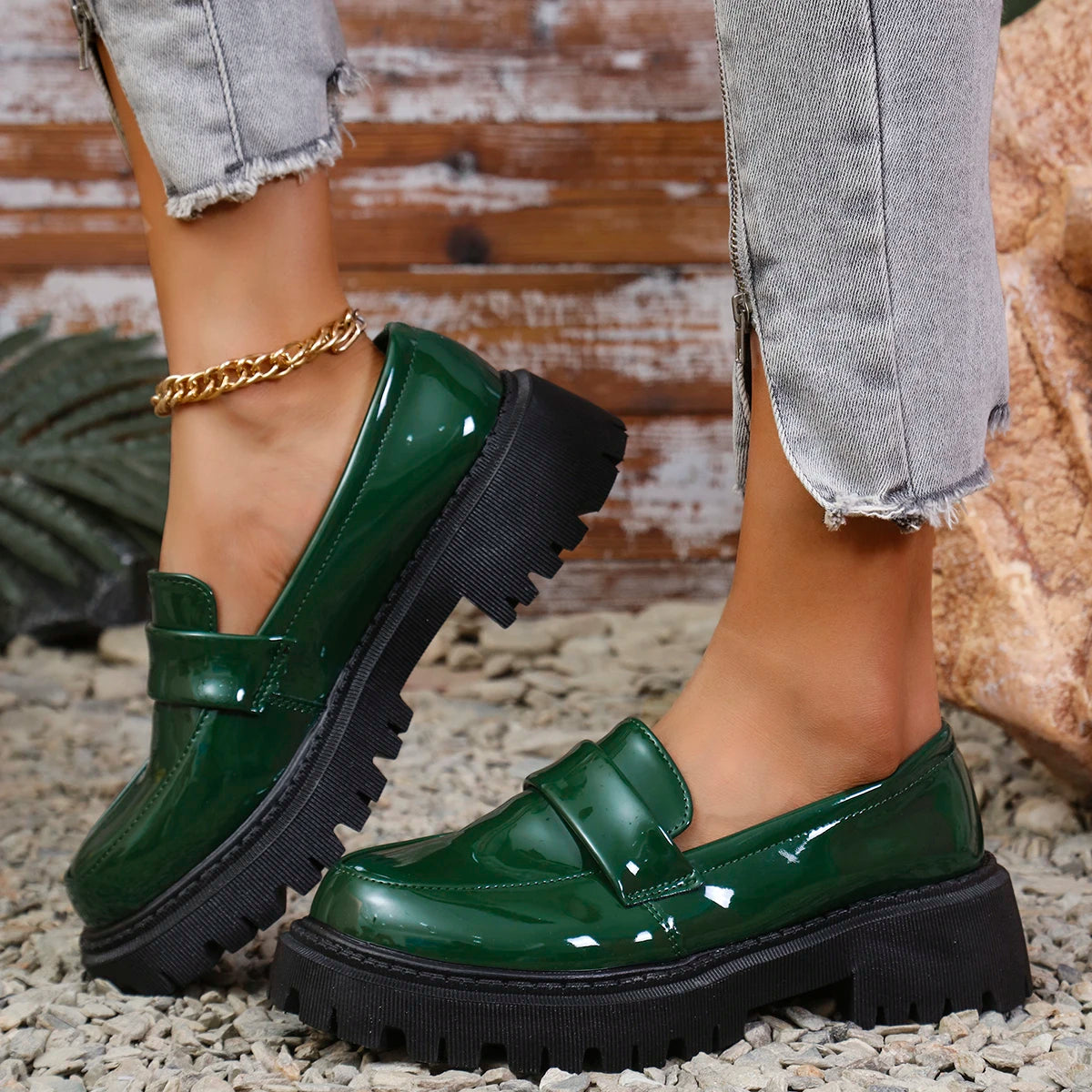 Women Thick Sole Comfortable Platform Loafers, Black, Spring/Autumn, British Style