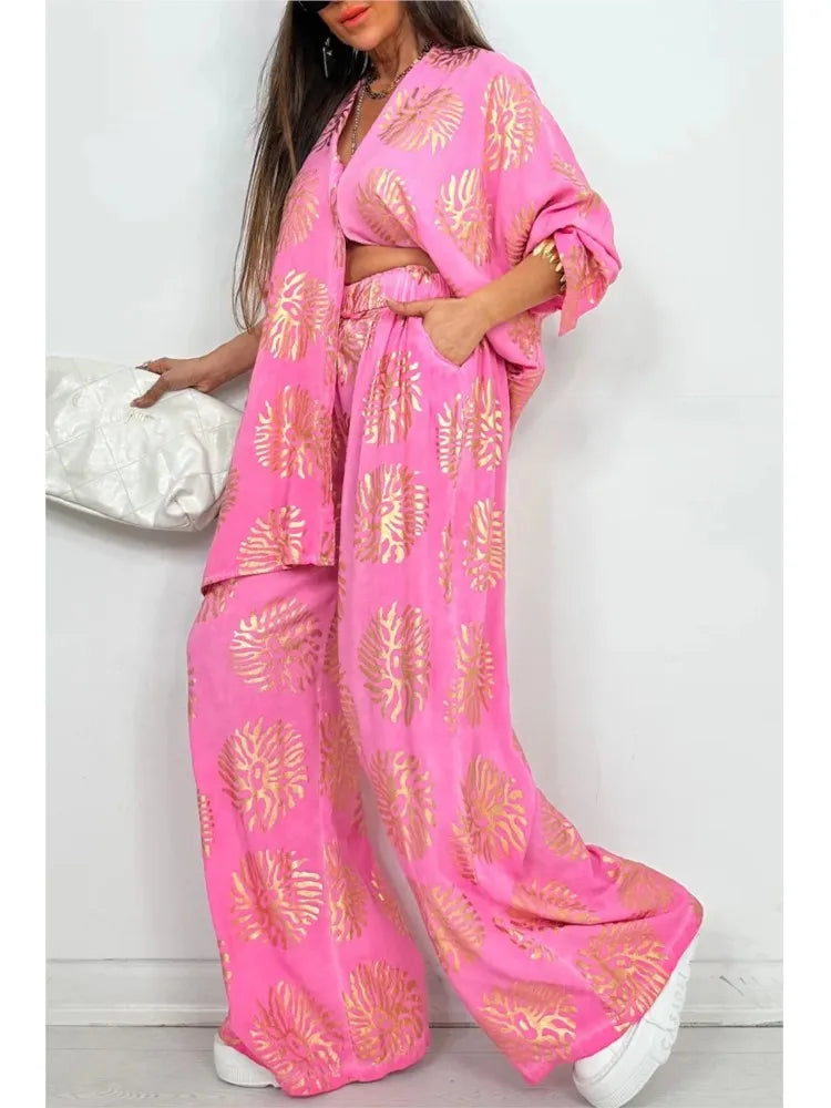 l Printed Gold Embossed Loose Long-sleeved Shirt Suit Laid-back Pocket Wide-leg Trousers Elegant Female 2 Piece Set