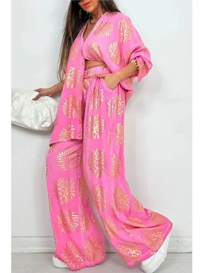 l Printed Gold Embossed Loose Long-sleeved Shirt Suit Laid-back Pocket Wide-leg Trousers Elegant Female 2 Piece Set