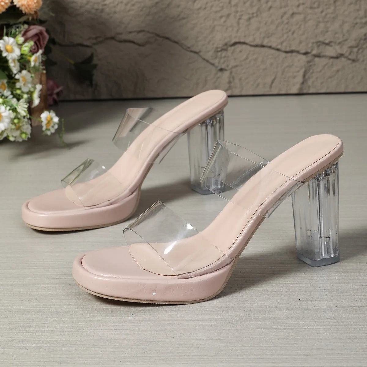 Glass thick-heeled sandals for women