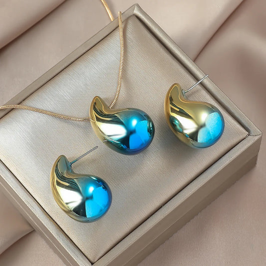 3pcs Women's Stylish Water Drop Design Necklace And Earring Set Fashionable Long Geometric Earrings Jewelry Suit for Parties