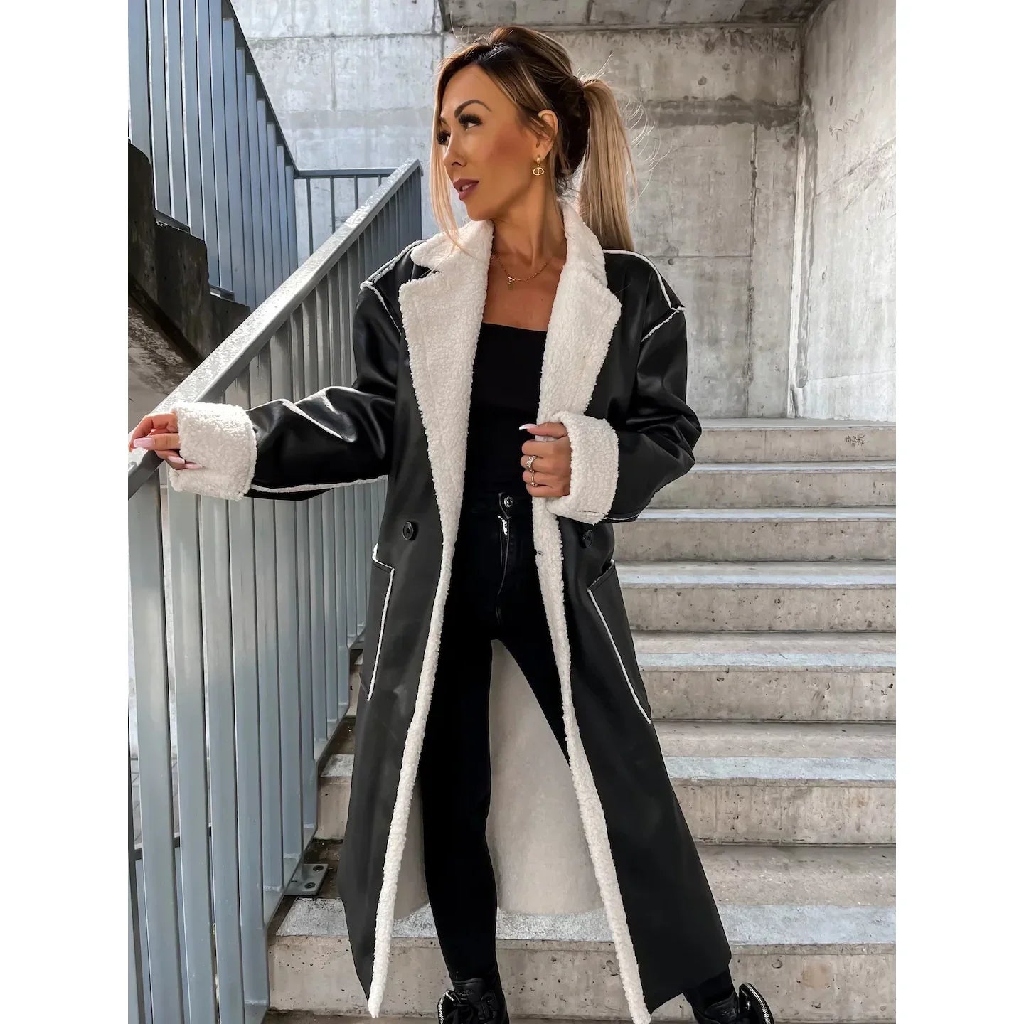 Women's Long Leather Coat - Casual Windbreaker with Belt