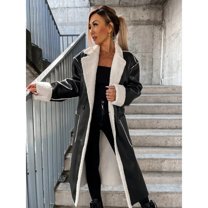Women's Long Leather Coat - Casual Windbreaker with Belt