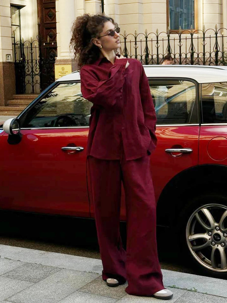 Women's Cotton Casual Set - Long Sleeve Shirt & Pants