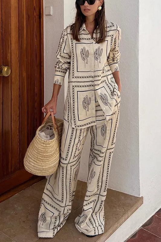 Printed Shirts Two Piece Set Women Long Sleeve Lapel Shirts High Waist Wide Leg Pants Suit For Women