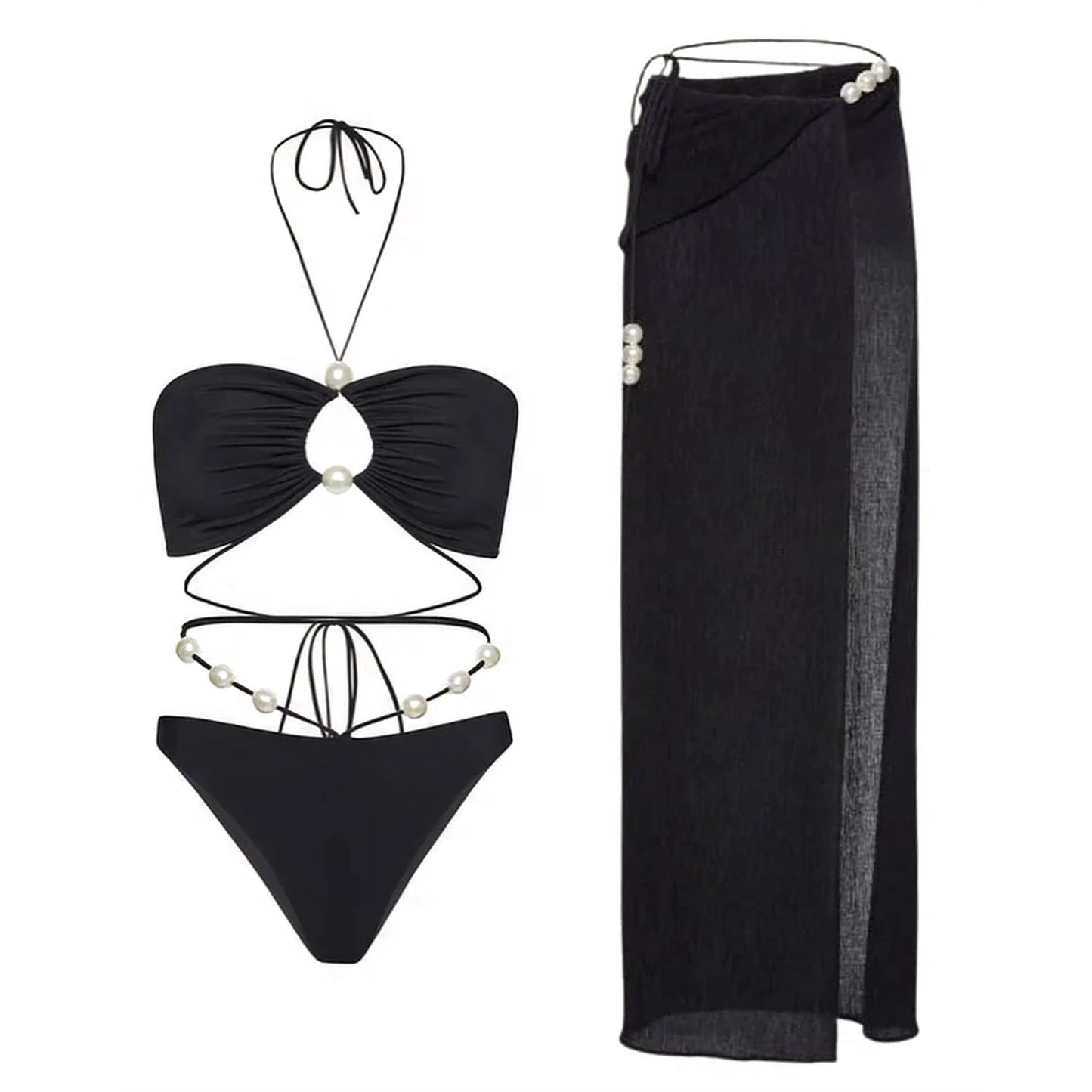 3Pcs Sexy Bikini Set With Cover Up Pearls White Swimsuit Women Halter Swimwear Female Off Shoulder Bathingsuit Biquini Beachwear