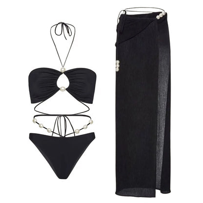 3Pcs Sexy Bikini Set With Cover Up Pearls White Swimsuit Women Halter Swimwear Female Off Shoulder Bathingsuit Biquini Beachwear