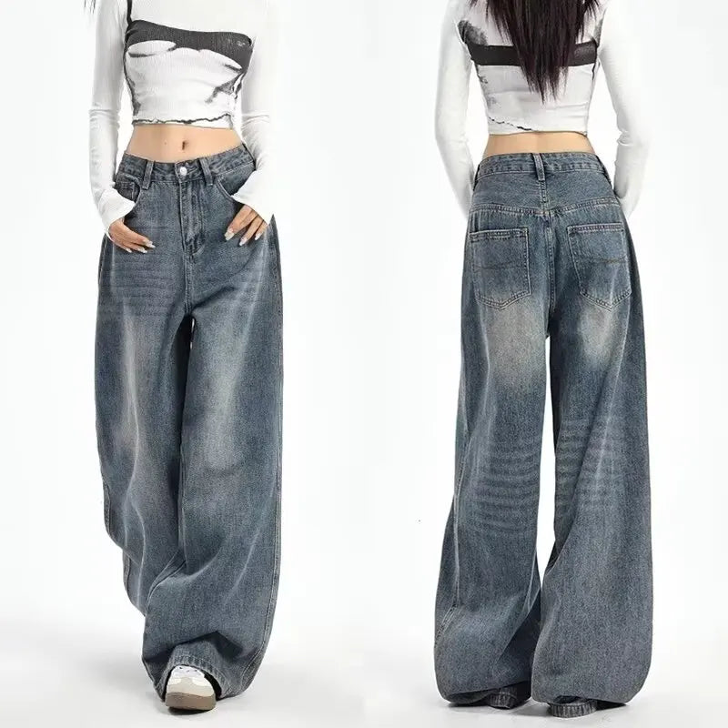 90's Retro Washed Wide-Leg Low-Rise Jeans – Distressed Denim jeans
