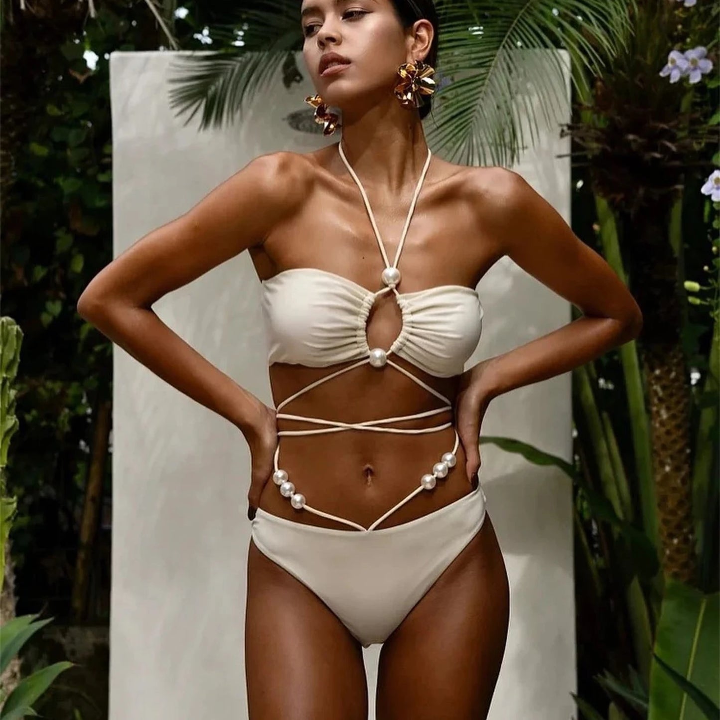 3Pcs Sexy Bikini Set With Cover Up Pearls White Swimsuit Women Halter Swimwear Female Off Shoulder Bathingsuit Biquini Beachwear