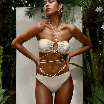 3Pcs Sexy Bikini Set With Cover Up Pearls White Swimsuit Women Halter Swimwear Female Off Shoulder Bathingsuit Biquini Beachwear