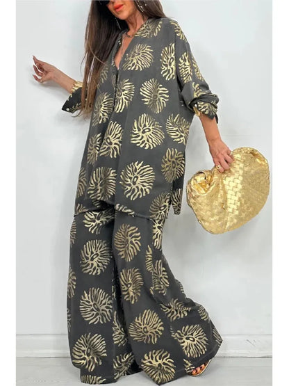 l Printed Gold Embossed Loose Long-sleeved Shirt Suit Laid-back Pocket Wide-leg Trousers Elegant Female 2 Piece Set