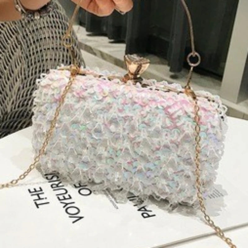 Women's Sequin Evening Clutch - Luxury Beaded Chain Bag