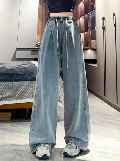 High Waist Straight Leg Elastic Waist Drawstring