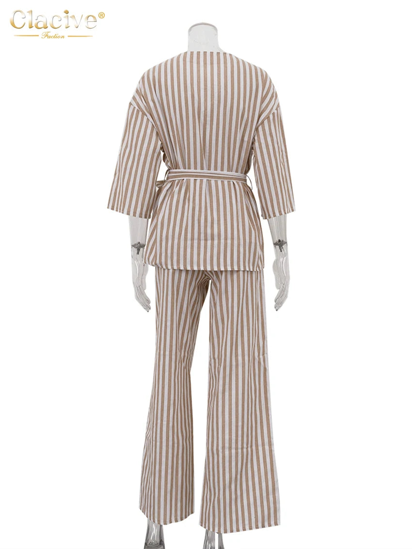 Women's Brown Stripe Set - Long Sleeve Shirt & Wide Pants