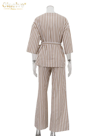 Women's Brown Stripe Set - Long Sleeve Shirt & Wide Pants