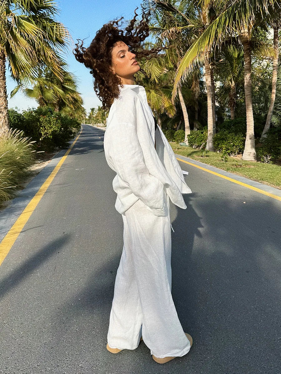 Women's Cotton Casual Set - Long Sleeve Shirt & Pants