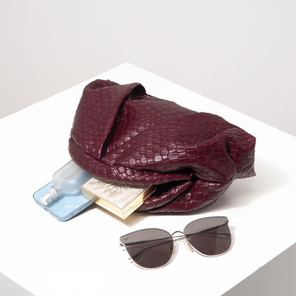 Vintage Artificial Leather Woven Pattern Clutch Bag, Burgundy Purse, Porm Dresses for Women, Shell Bag, Ruched Clouds Bag