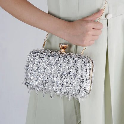 Women's Sequin Evening Clutch - Luxury Beaded Chain Bag