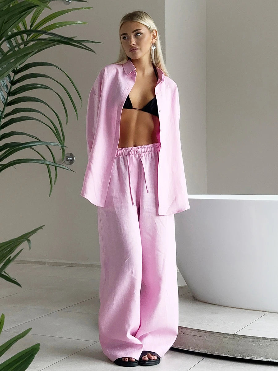 Women's Cotton Casual Set - Long Sleeve Shirt & Pants