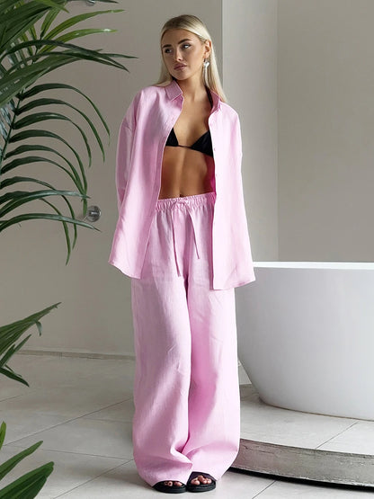 Women's Cotton Casual Set - Long Sleeve Shirt & Pants