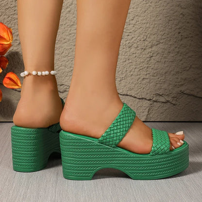 Green Wedge Heeled Woven Sandals