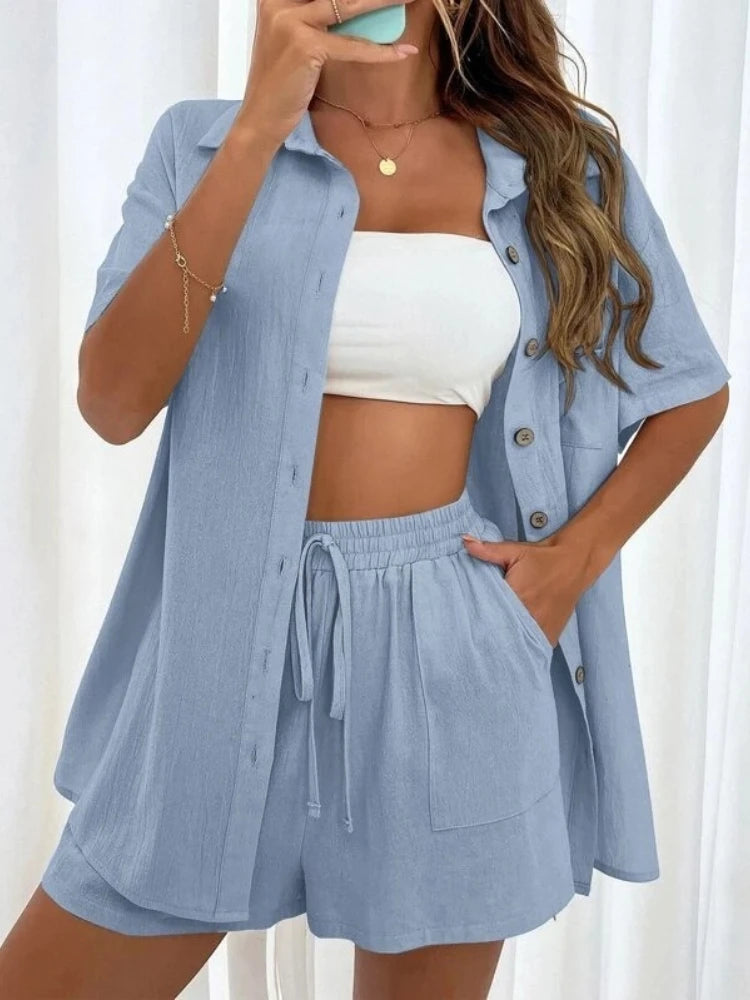 Womens Two Peice Sets Fashion Shorts Solid Color Shirts Set Short-sleeved Casual Loosesingle-breasted Women's 2 Piece Sets