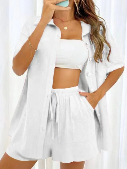 Womens Two Peice Sets Fashion Shorts Solid Color Shirts Set Short-sleeved Casual Loosesingle-breasted Women's 2 Piece Sets