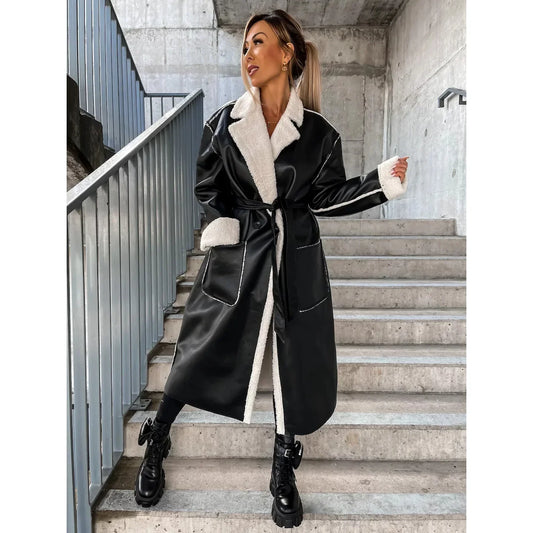 Women's Long Leather Coat - Casual Windbreaker with Belt
