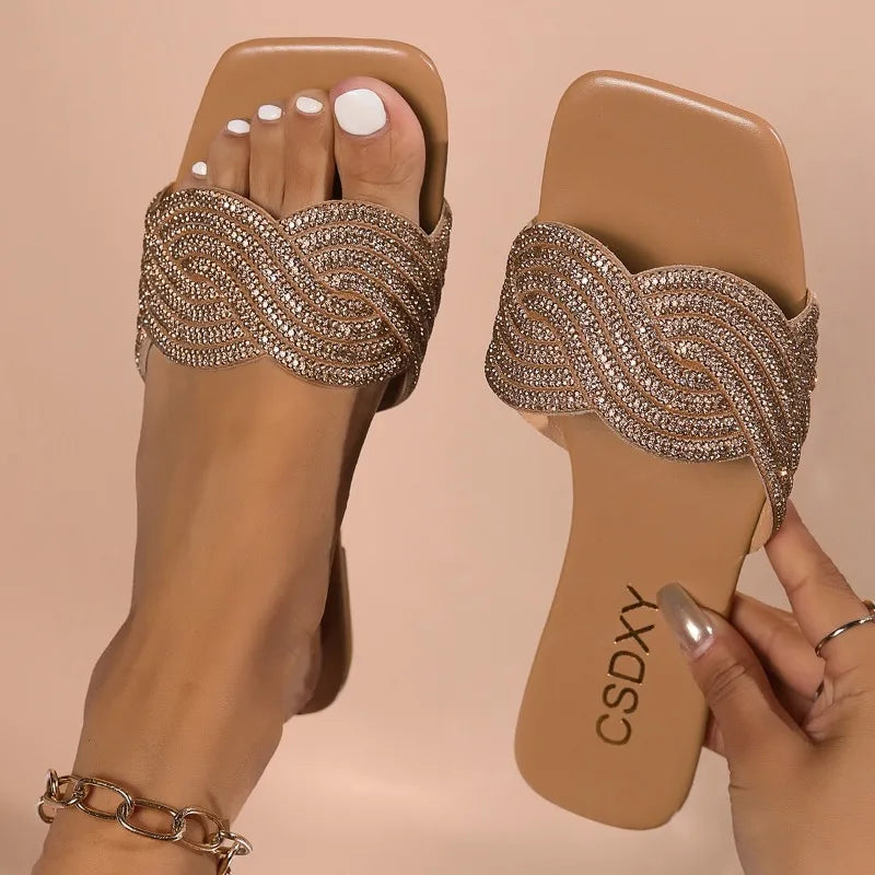 Sparkle Flat Heel Rhinestone Summer Slides