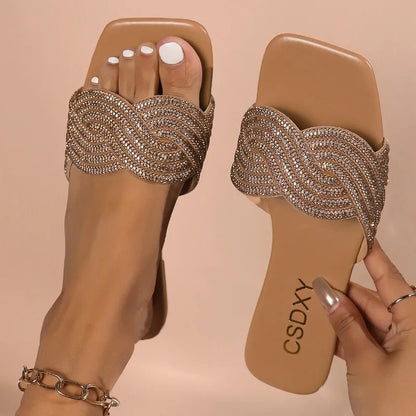 Sparkle Flat Heel Rhinestone Summer Slides