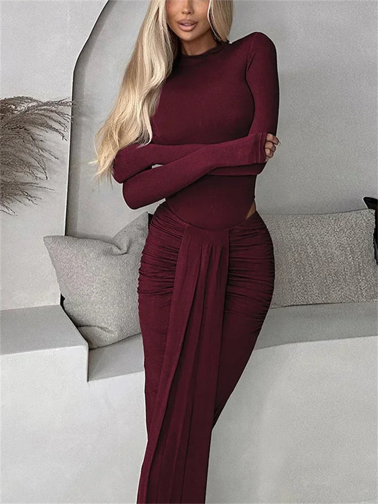 2 Piece-Set Maxi Skirt Casual High Waist Jumpsuit And Pleated Long Skirt Outfits Sexy Solid Skinny Outfits