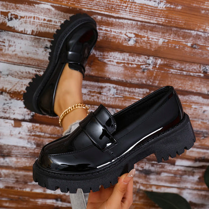 Women Thick Sole Comfortable Platform Loafers, Black, Spring/Autumn, British Style