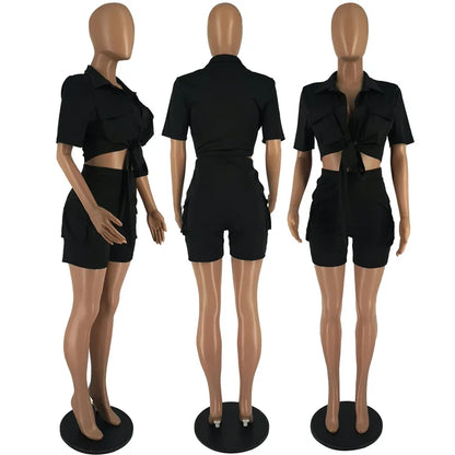 Women's Streetwear Two Piece Set - Summer Button-Up Shorts