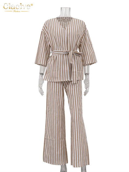 Women's Brown Stripe Set - Long Sleeve Shirt & Wide Pants