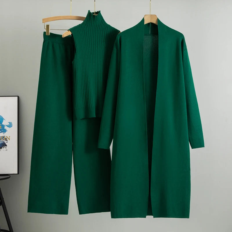 Women's 3 Piece Cardigan Set - Knitted Tracksuit & Pants