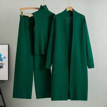 Women's 3 Piece Cardigan Set - Knitted Tracksuit & Pants