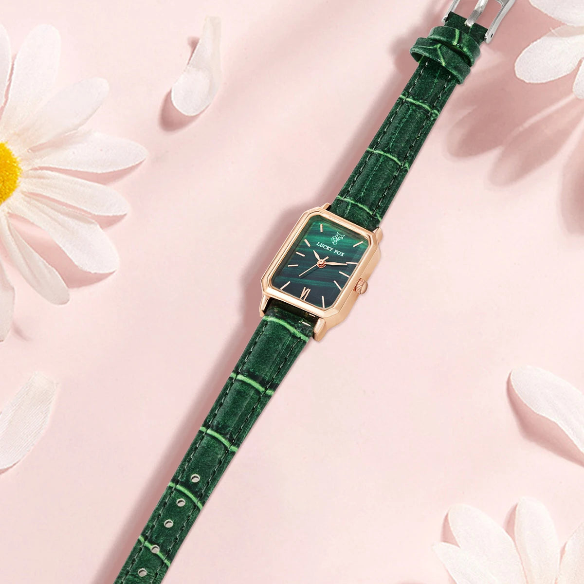 Women Watches LUCKY FOX Green Leather Ladies Watch