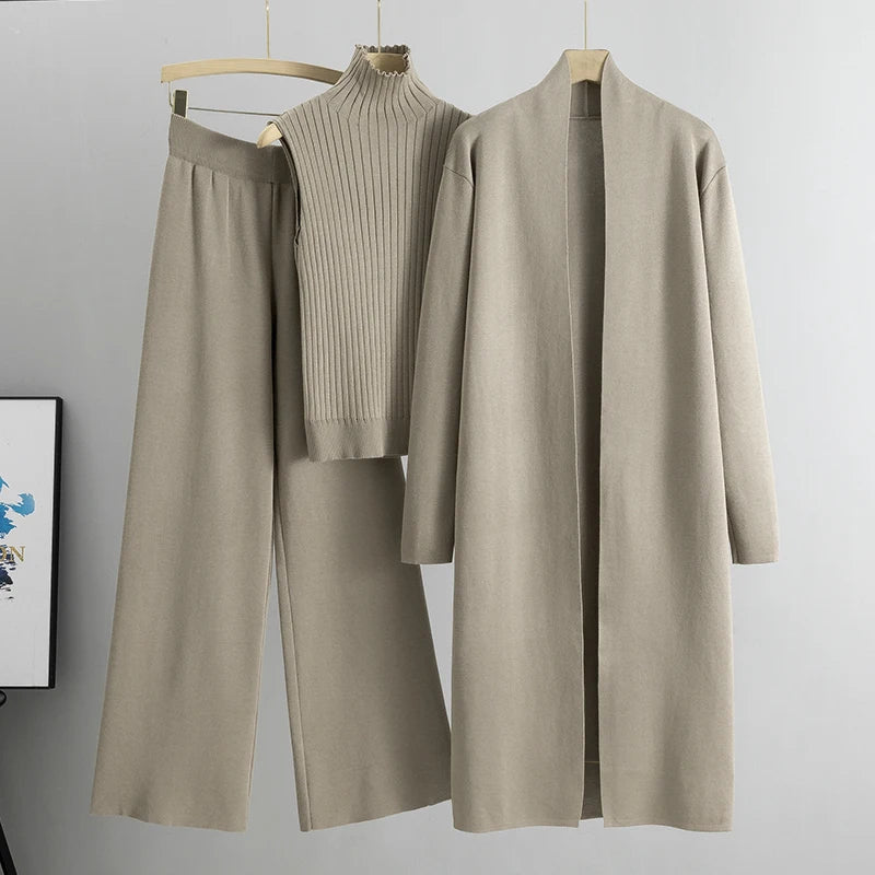 Women's 3 Piece Cardigan Set - Knitted Tracksuit & Pants