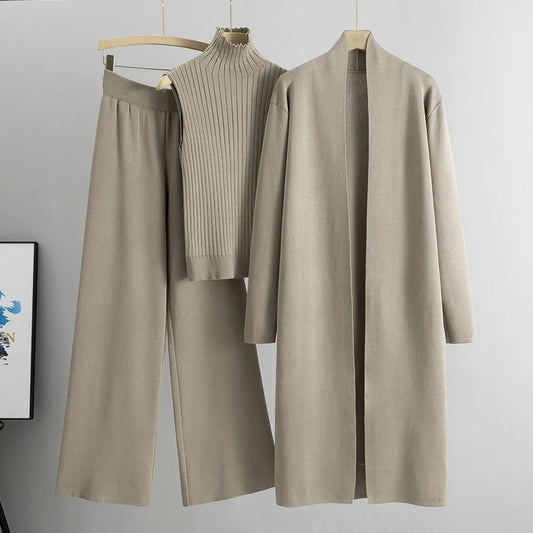 Women's 3 Piece Cardigan Set - Knitted Tracksuit & Pants