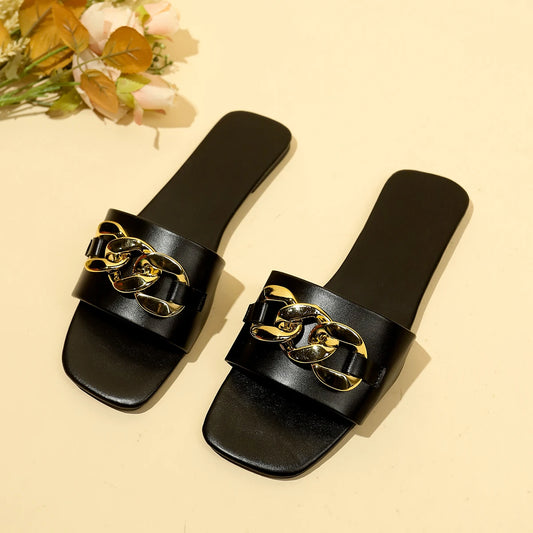 Summer Retro Metal Chain Open-Toe Slippers
