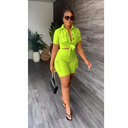 Women's Streetwear Two Piece Set - Summer Button-Up Shorts