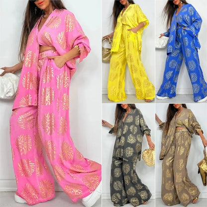 l Printed Gold Embossed Loose Long-sleeved Shirt Suit Laid-back Pocket Wide-leg Trousers Elegant Female 2 Piece Set